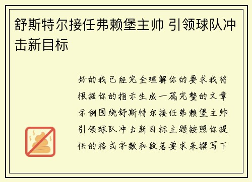 舒斯特尔接任弗赖堡主帅 引领球队冲击新目标